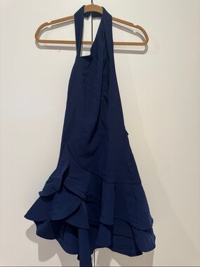 FEHAUTE Navy Halter Ruffled Tiered Dress